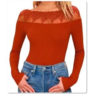Free People Admire Me Top Bateau Neckline Long Sleeve Stretch Terracotta Size S
